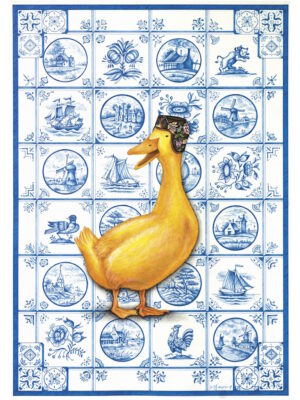 Yellow Duck in front of blue Tiles